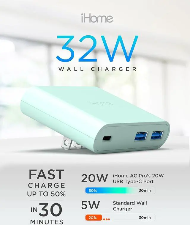 Alt view image 3 of 7 - iHome 32W AC Pro Multi Port USB Wall Charger Block - Charging Station for Multiple Devices with 3 USB Ports (1 USB-C, 2 USB-A) - Fast Charging, Universal Compatibility (Mint)