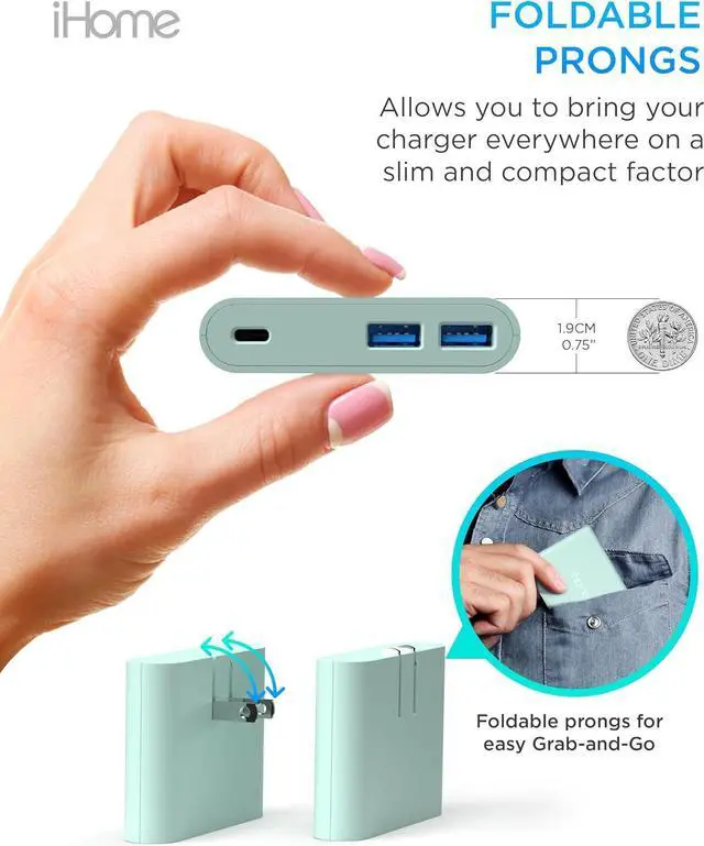 Alt view image 5 of 7 - iHome 32W AC Pro Multi Port USB Wall Charger Block - Charging Station for Multiple Devices with 3 USB Ports (1 USB-C, 2 USB-A) - Fast Charging, Universal Compatibility (Mint)
