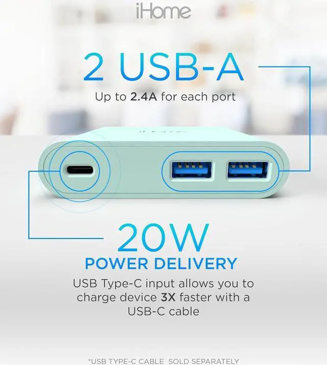 Alt view image 6 of 7 - iHome 32W AC Pro Multi Port USB Wall Charger Block - Charging Station for Multiple Devices with 3 USB Ports (1 USB-C, 2 USB-A) - Fast Charging, Universal Compatibility (Mint)