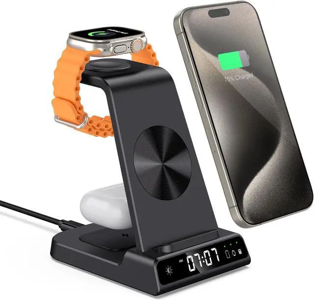 Main image of Wireless Charger for iPhone, 3 in 1 Charging Station for Apple Watch Ultra 2/Watch 9/8/7/6/5, for iPhone 15/14/13/12/11/X Series, Air Pods Pro 2/3/Pro (with Digital Clock)