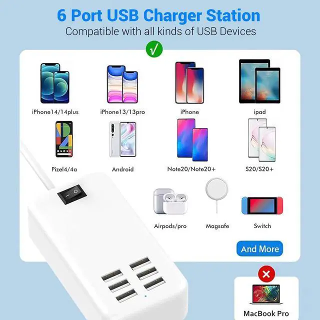 Alt view image 3 of 7 - 6 Ports USB Charger Hub Desktop US Plug AC Power Wall Travel Charging Adapter Slots Charging Station