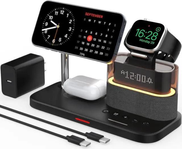 Main image of 5 in 1 Wireless Charger with Alarm Clock for Apple, Magnetic Wirelss Charger Stand for iPhone 15/14/13/12,Apple Watch Series 9/Ultra 2/8/7/SE/SE2/6/5,Air-Pods 3/Pro/2,Mag-Safe Charging Station(Black)