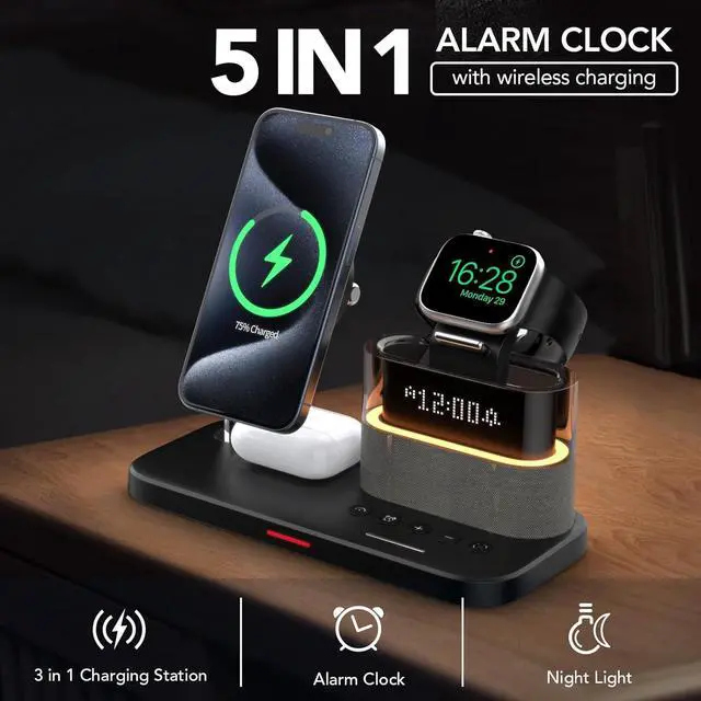 Alt view image 2 of 7 - 5 in 1 Wireless Charger with Alarm Clock for Apple, Magnetic Wirelss Charger Stand for iPhone 15/14/13/12,Apple Watch Series 9/Ultra 2/8/7/SE/SE2/6/5,Air-Pods 3/Pro/2,Mag-Safe Charging Station(Black)