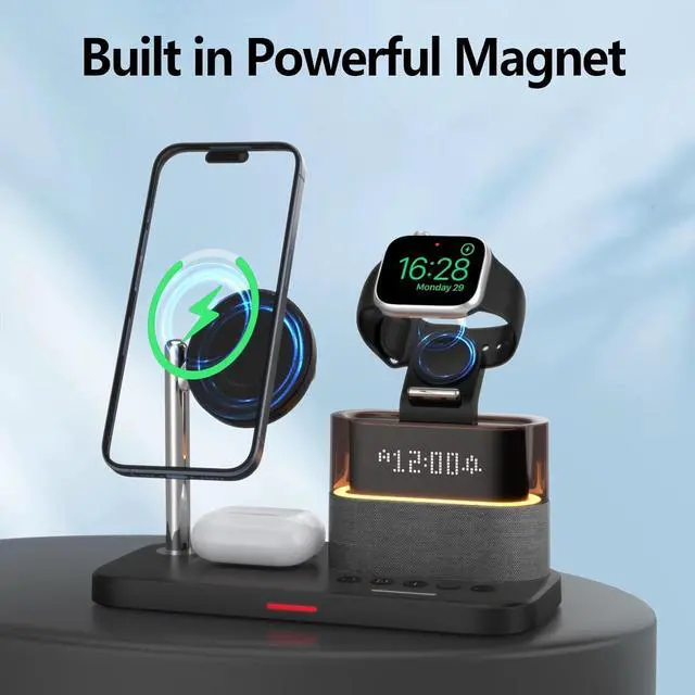 Alt view image 4 of 7 - 5 in 1 Wireless Charger with Alarm Clock for Apple, Magnetic Wirelss Charger Stand for iPhone 15/14/13/12,Apple Watch Series 9/Ultra 2/8/7/SE/SE2/6/5,Air-Pods 3/Pro/2,Mag-Safe Charging Station(Black)