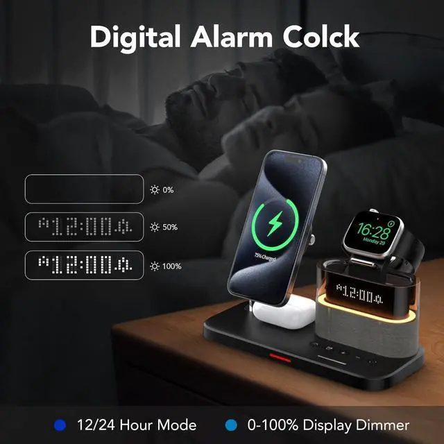 Alt view image 6 of 7 - 5 in 1 Wireless Charger with Alarm Clock for Apple, Magnetic Wirelss Charger Stand for iPhone 15/14/13/12,Apple Watch Series 9/Ultra 2/8/7/SE/SE2/6/5,Air-Pods 3/Pro/2,Mag-Safe Charging Station(Black)