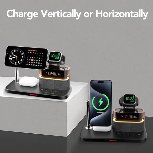 Alt view image 7 of 7 - 5 in 1 Wireless Charger with Alarm Clock for Apple, Magnetic Wirelss Charger Stand for iPhone 15/14/13/12,Apple Watch Series 9/Ultra 2/8/7/SE/SE2/6/5,Air-Pods 3/Pro/2,Mag-Safe Charging Station(Black)