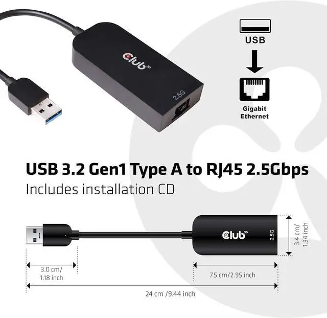 Alt view image 2 of 5 - Club 3D CAC-1420 USB 3.2 Gen1 Type C to RJ45 2.5Gbps Adapter M/F