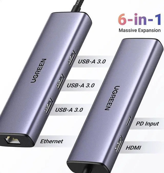 Alt view image 2 of 7 - UGREEN Revodok 1061 USB C Hub 6-in-1 Gigabit USB C to Ethernet Adapter with 4K HDMI, 100W Power Delivery, 3 USB 3.0, Compatible with MacBook, iPad Pro, iPhone 15 Pro/Pro Max, Dell, HP, Chromebook.