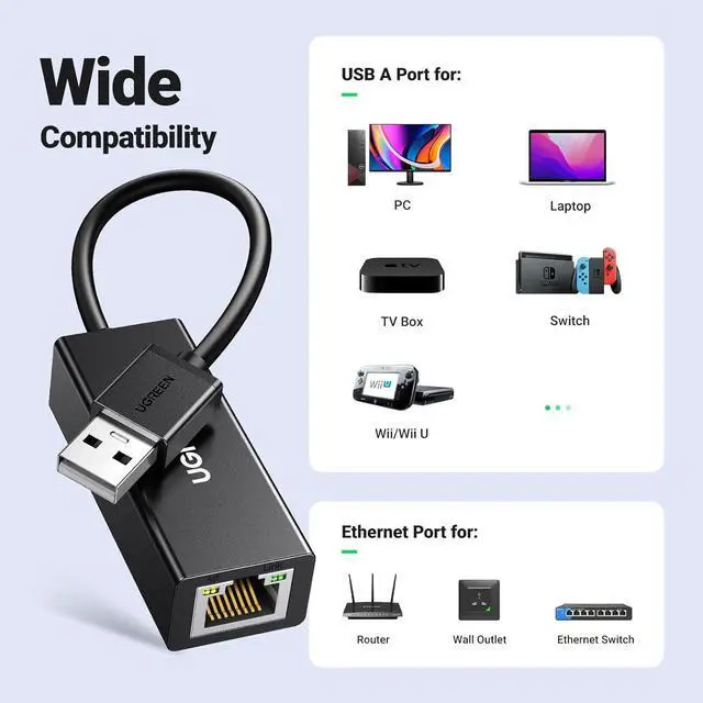 Alt view image 5 of 7 - UGREEN Ethernet Adapter USB to 10 100 Mbps Network Adapter RJ45 Wired LAN Adapter for Laptop PC Compatible with Nintendo Switch Wii Wii U MacBook Chromebook Surface Windows macOS Linux (Black)