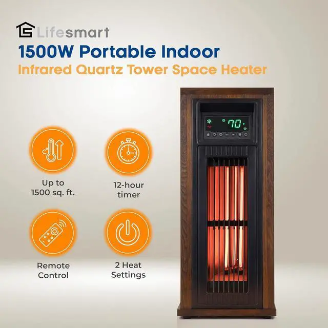 Alt view image 2 of 7 - Lifesmart 23-in. 3-Quartz Infrared Tower Heater with Oscillation, Remote Control, and Timer, Electric Space Heater for Home, Office, Bedroom