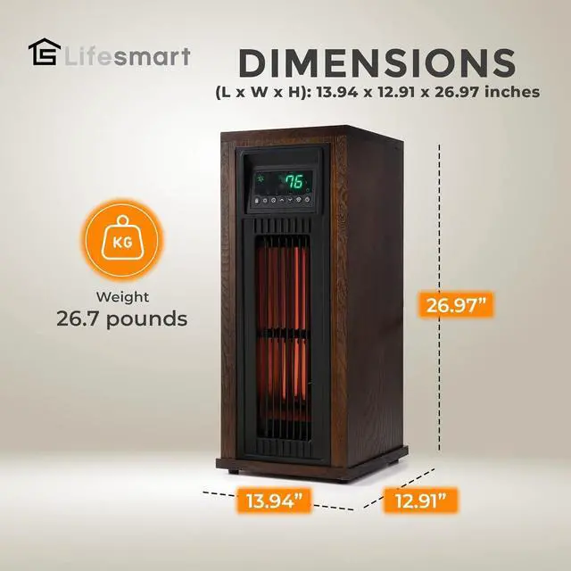Alt view image 3 of 7 - Lifesmart 23-in. 3-Quartz Infrared Tower Heater with Oscillation, Remote Control, and Timer, Electric Space Heater for Home, Office, Bedroom