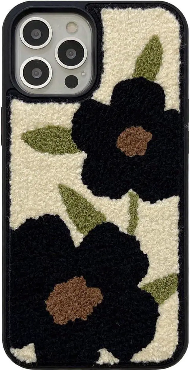 Main image of Cute Flower Phone Case Compatible with iPhone 13 Pro Max 6.7 inch Retro Black Floral Soft Carpet Fuzzy Fluffy Girly Protective Cover(Black Flowers)