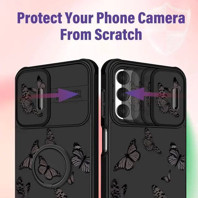 Alt view image 4 of 6 - (2in1 for Samsung Galaxy A13 5G Case for Women Butterfly Cute Girls Phone Cover Girly Pretty Aesthetic Black Butterfly Design with Camera Cover and Ring Stand Funda for Samsung A13 5G Case