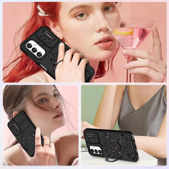 Alt view image 5 of 6 - (2in1 for Samsung Galaxy A13 5G Case for Women Butterfly Cute Girls Phone Cover Girly Pretty Aesthetic Black Butterfly Design with Camera Cover and Ring Stand Funda for Samsung A13 5G Case