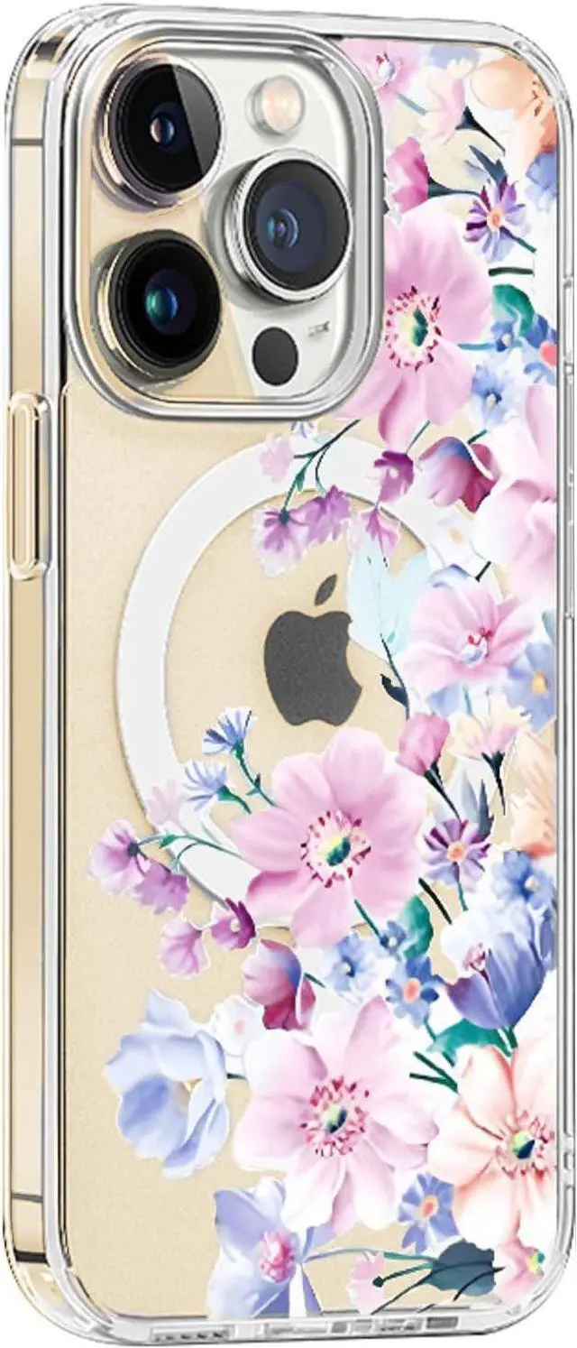 Alt view image 4 of 7 - for iPhone 15 Pro Magsafe Case, Floral Cute Slim Shockproof Protective Hard PC+TPU Bumper Flower Women Cover Magnetic case(Clear)