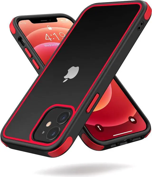 Main image of Mobnano for iPhone 12/iPhone 12 Pro Clear Case, Multicolor Protective Shockproof Bumpers, Not Yellowing Anti Scratch Transparent Hard PC Back & Soft Silicone TPU Frame Cover for Men Women - Black/Red