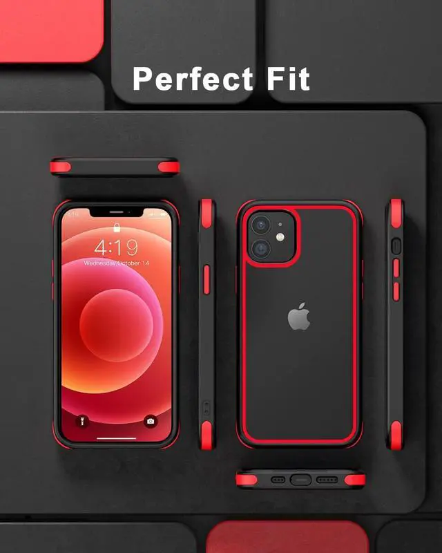 Alt view image 5 of 7 - Mobnano for iPhone 12/iPhone 12 Pro Clear Case, Multicolor Protective Shockproof Bumpers, Not Yellowing Anti Scratch Transparent Hard PC Back & Soft Silicone TPU Frame Cover for Men Women - Black/Red
