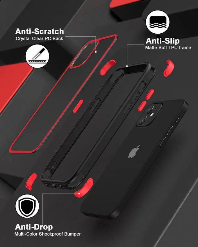 Alt view image 6 of 7 - Mobnano for iPhone 12/iPhone 12 Pro Clear Case, Multicolor Protective Shockproof Bumpers, Not Yellowing Anti Scratch Transparent Hard PC Back & Soft Silicone TPU Frame Cover for Men Women - Black/Red