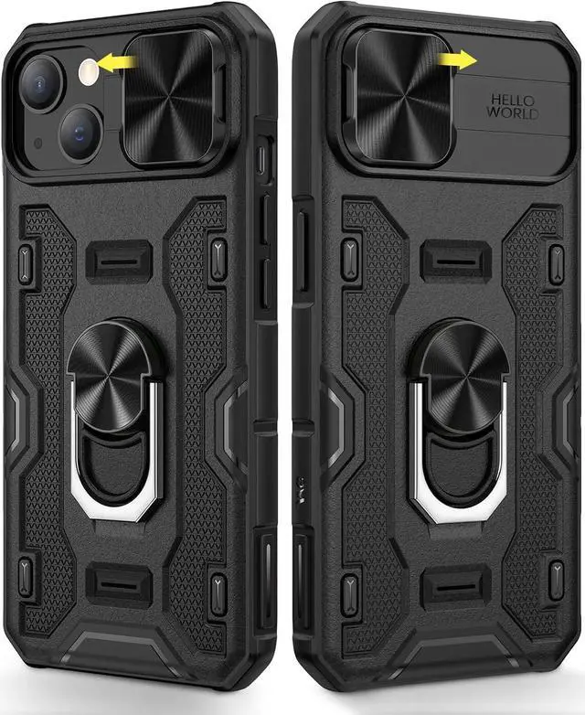 Main image of Caka for iPhone 14 Plus Case with Stand & Camera Cover Black | 360° Rotated Kickstand, Sliding Camera Lens Cover, Heavy Duty Hard Shockproof Protective Rugged Phone Cover