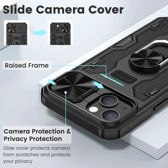 Alt view image 3 of 7 - Caka for iPhone 14 Plus Case with Stand & Camera Cover Black | 360° Rotated Kickstand, Sliding Camera Lens Cover, Heavy Duty Hard Shockproof Protective Rugged Phone Cover