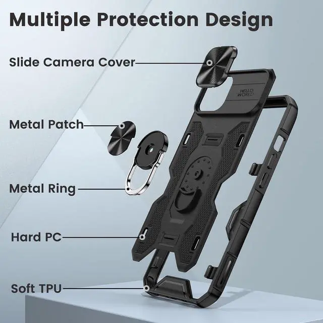 Alt view image 7 of 7 - Caka for iPhone 14 Plus Case with Stand & Camera Cover Black | 360° Rotated Kickstand, Sliding Camera Lens Cover, Heavy Duty Hard Shockproof Protective Rugged Phone Cover