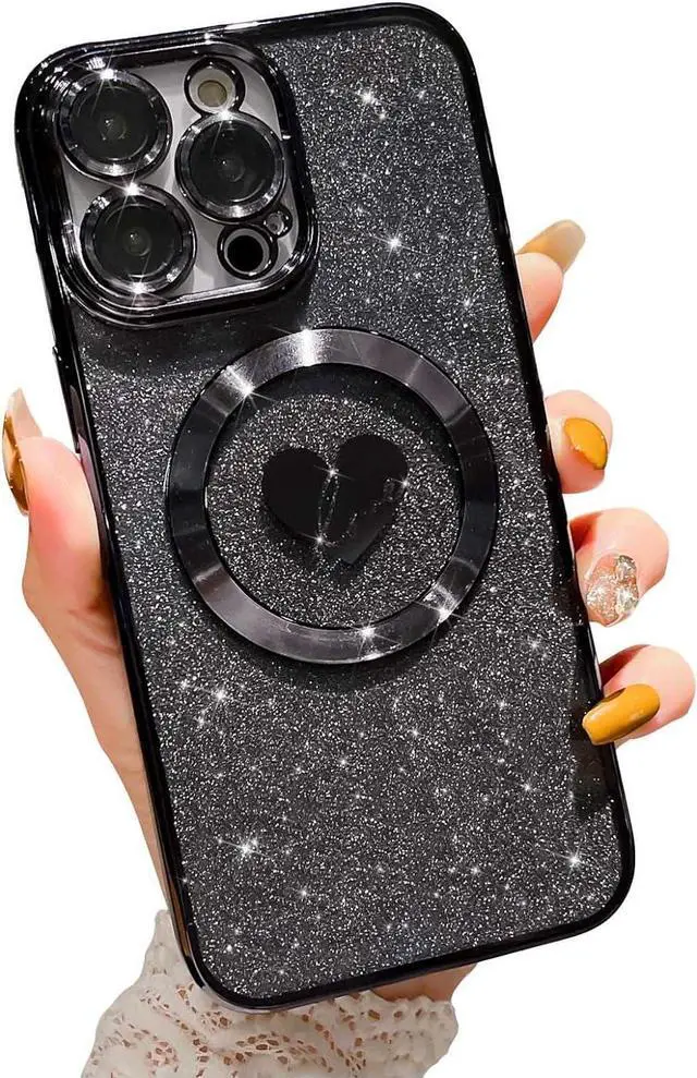 Main image of Compatible with iPhone 15 Pro Max 6.7 Inch Case with Magsafe, Plating Heart Glitter Magnetic Case for Women Girl TPU Camera Protection Back Cover for iPhone 15 Pro Max Black