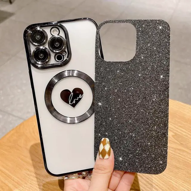 Alt view image 2 of 7 - Compatible with iPhone 15 Pro Max 6.7 Inch Case with Magsafe, Plating Heart Glitter Magnetic Case for Women Girl TPU Camera Protection Back Cover for iPhone 15 Pro Max Black