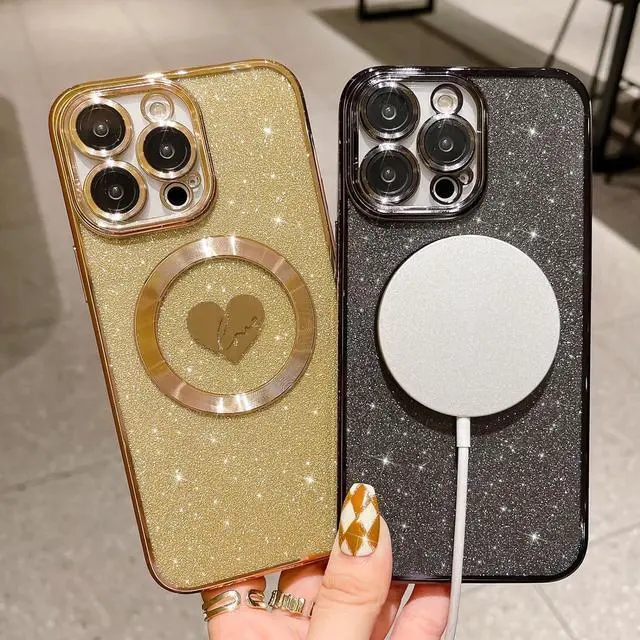 Alt view image 4 of 7 - Compatible with iPhone 15 Pro Max 6.7 Inch Case with Magsafe, Plating Heart Glitter Magnetic Case for Women Girl TPU Camera Protection Back Cover for iPhone 15 Pro Max Black