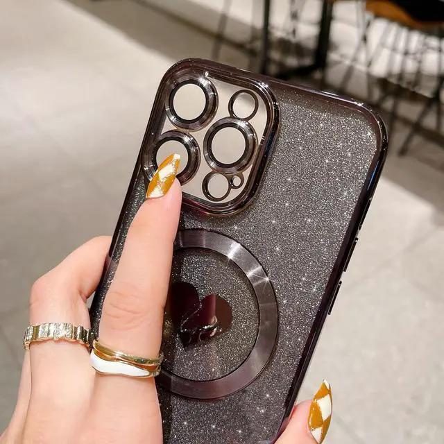 Alt view image 3 of 7 - Compatible with iPhone 15 Pro Max 6.7 Inch Case with Magsafe, Plating Heart Glitter Magnetic Case for Women Girl TPU Camera Protection Back Cover for iPhone 15 Pro Max Black