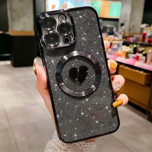 Alt view image 7 of 7 - Compatible with iPhone 15 Pro Max 6.7 Inch Case with Magsafe, Plating Heart Glitter Magnetic Case for Women Girl TPU Camera Protection Back Cover for iPhone 15 Pro Max Black