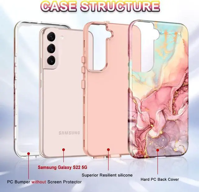 Alt view image 3 of 7 - Btscase for Samsung Galaxy S22 5G 6.1 Inch Case,Marble Pattern 3 in 1 Heavy Duty Shockproof Full Body Rugged Hard PC+Soft Silicone Drop Protective Women Girl Cover, Rose Gold