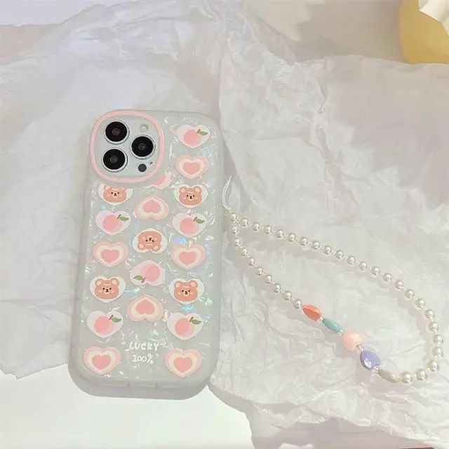 Alt view image 7 of 7 - Compatible with iPhone 12 Case Cover Cute Women,Bear Love Heart Pattern with Pearl Strap Bracelet Chain Sparkly Phone Case Camera Protect