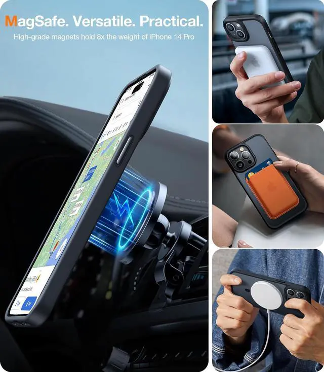 Alt view image 2 of 7 - Stronger Magnetic for iPhone 14 Pro Case 12 FT Military Grade Drop Tested Compatible with MagSafe Slim Protective Matte Silicone for iPhone 14 Pro Phone Case Translucent Back/Black Edge