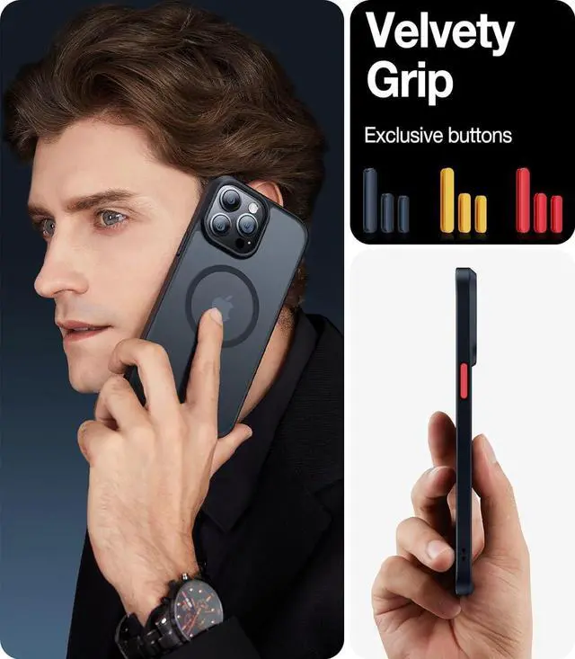 Alt view image 6 of 7 - Stronger Magnetic for iPhone 14 Pro Case 12 FT Military Grade Drop Tested Compatible with MagSafe Slim Protective Matte Silicone for iPhone 14 Pro Phone Case Translucent Back/Black Edge