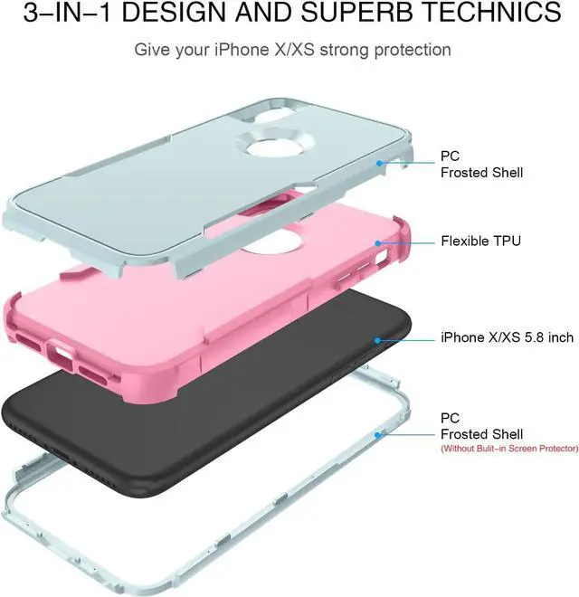Alt view image 4 of 7 - BENTOBEN iPhone X Case, iPhone Xs Case, 3 in 1 Heavy Duty Rugged Hybrid Hard PC Soft TPU Bumper Shockproof Non-Slip Protective Cases Cover for iPhone X (2017) / iPhone Xs (2018) 5.8 Inch, Green/Pink