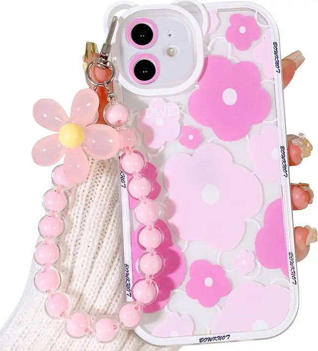 Main image of NITITOP Compatible for iPhone 11 Case Clear Floral Bear Camera Lens with Lovely Flower Bracelet Chain for Women Girls, Soft TPU Shockproof Protective - Bear Pink
