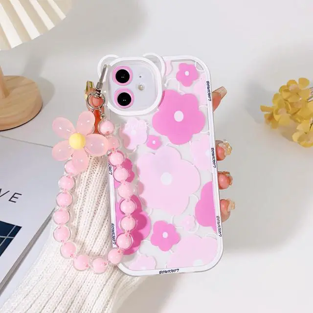 Alt view image 3 of 7 - NITITOP Compatible for iPhone 11 Case Clear Floral Bear Camera Lens with Lovely Flower Bracelet Chain for Women Girls, Soft TPU Shockproof Protective - Bear Pink