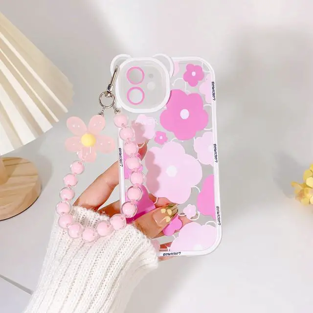 Alt view image 6 of 7 - NITITOP Compatible for iPhone 11 Case Clear Floral Bear Camera Lens with Lovely Flower Bracelet Chain for Women Girls, Soft TPU Shockproof Protective - Bear Pink