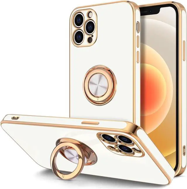 Main image of Hython Case for iPhone 12 Pro Case with Ring Stand, 360° Rotatable Ring Holder Magnetic Kickstand, Plating Rose Gold Soft TPU Bumper Camera Protection Shockproof Protective Phone Cases Cover, White