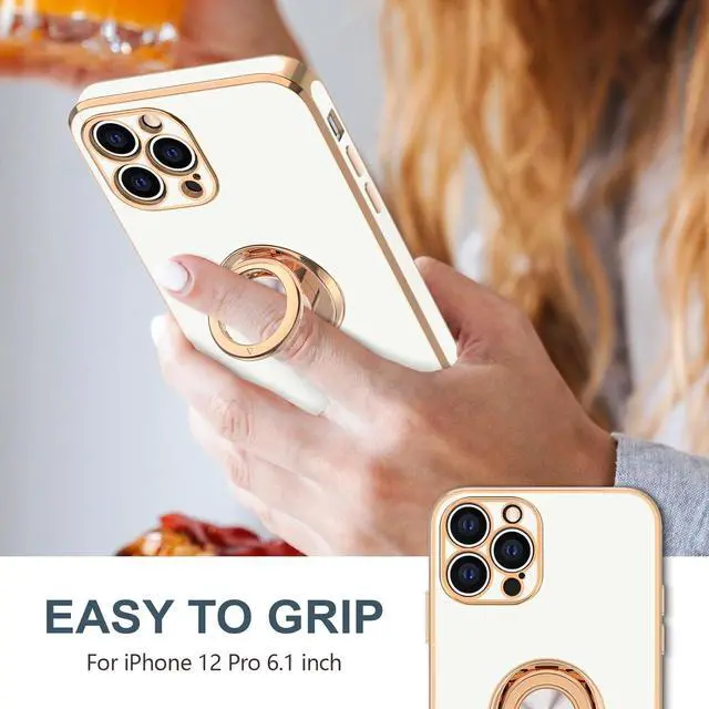 Alt view image 2 of 7 - Hython Case for iPhone 12 Pro Case with Ring Stand, 360° Rotatable Ring Holder Magnetic Kickstand, Plating Rose Gold Soft TPU Bumper Camera Protection Shockproof Protective Phone Cases Cover, White