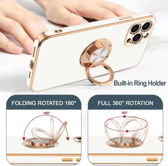 Alt view image 4 of 7 - Hython Case for iPhone 12 Pro Case with Ring Stand, 360° Rotatable Ring Holder Magnetic Kickstand, Plating Rose Gold Soft TPU Bumper Camera Protection Shockproof Protective Phone Cases Cover, White