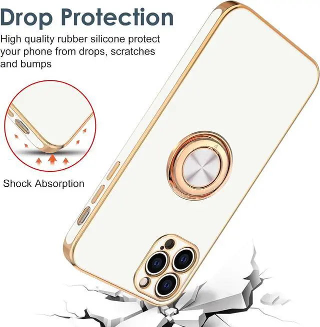 Alt view image 7 of 7 - Hython Case for iPhone 12 Pro Case with Ring Stand, 360° Rotatable Ring Holder Magnetic Kickstand, Plating Rose Gold Soft TPU Bumper Camera Protection Shockproof Protective Phone Cases Cover, White