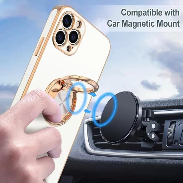 Alt view image 5 of 7 - Hython Case for iPhone 12 Pro Case with Ring Stand, 360° Rotatable Ring Holder Magnetic Kickstand, Plating Rose Gold Soft TPU Bumper Camera Protection Shockproof Protective Phone Cases Cover, White