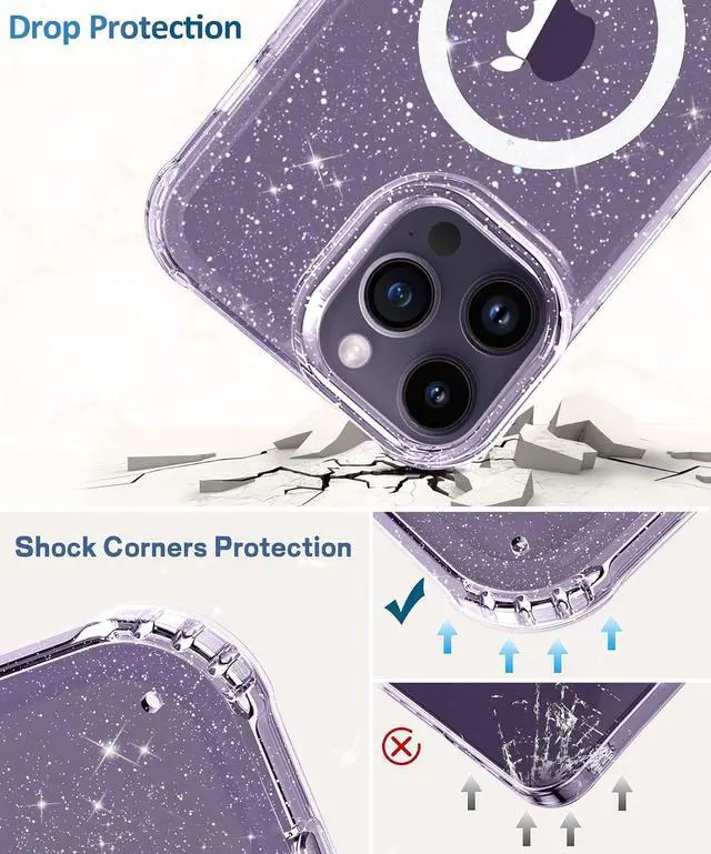 Alt view image 3 of 7 - MIODIK Magnetic for iPhone 14 Pro Case Clear Glitter, Sparkle Clear | with Screen Protector + Camera Lens Protector, Protective Shockproof Phone Case, Slim Women Girls iPhone 14Pro Cover 6.1"