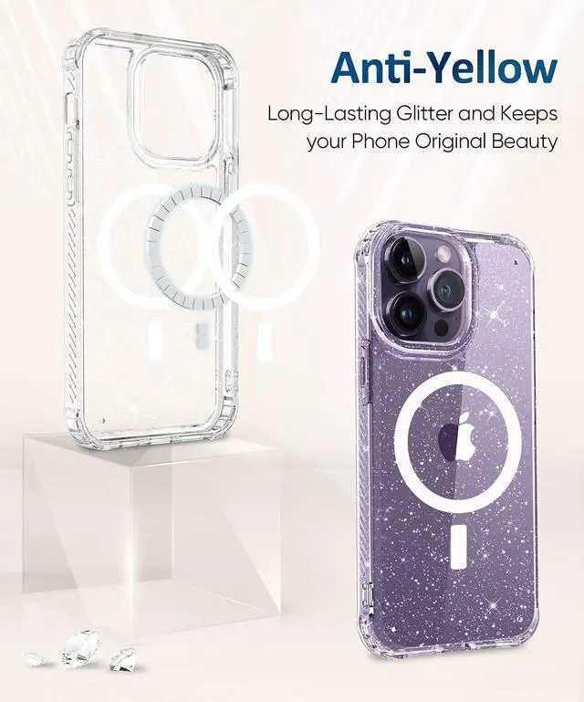 Alt view image 4 of 7 - MIODIK Magnetic for iPhone 14 Pro Case Clear Glitter, Sparkle Clear | with Screen Protector + Camera Lens Protector, Protective Shockproof Phone Case, Slim Women Girls iPhone 14Pro Cover 6.1"