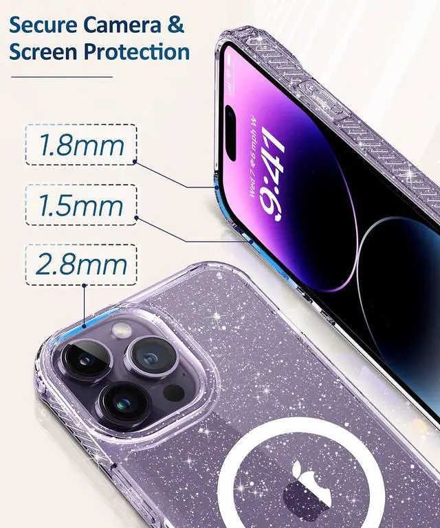Alt view image 5 of 7 - MIODIK Magnetic for iPhone 14 Pro Case Clear Glitter, Sparkle Clear | with Screen Protector + Camera Lens Protector, Protective Shockproof Phone Case, Slim Women Girls iPhone 14Pro Cover 6.1"