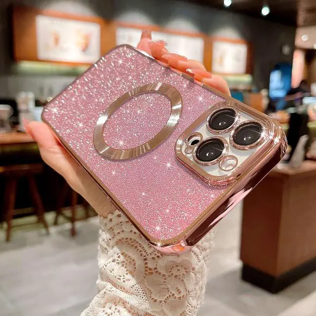 Alt view image 5 of 6 - MGQILING Compatible with iPhone 12 Pro Max Magnetic Glitter Case, Luxury Plating Cute Bling Clear Phone Case, Compatible with MagSafe for Women Girls with Camera Protector Back Cover - Pink