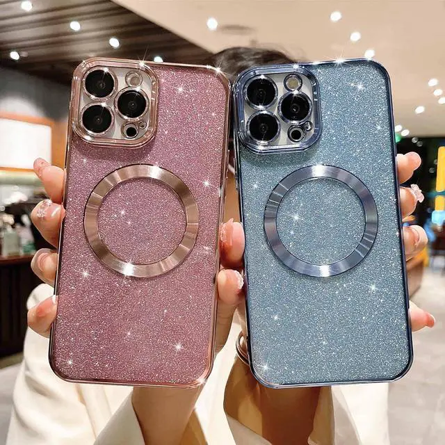 Alt view image 6 of 6 - MGQILING Compatible with iPhone 12 Pro Max Magnetic Glitter Case, Luxury Plating Cute Bling Clear Phone Case, Compatible with MagSafe for Women Girls with Camera Protector Back Cover - Pink