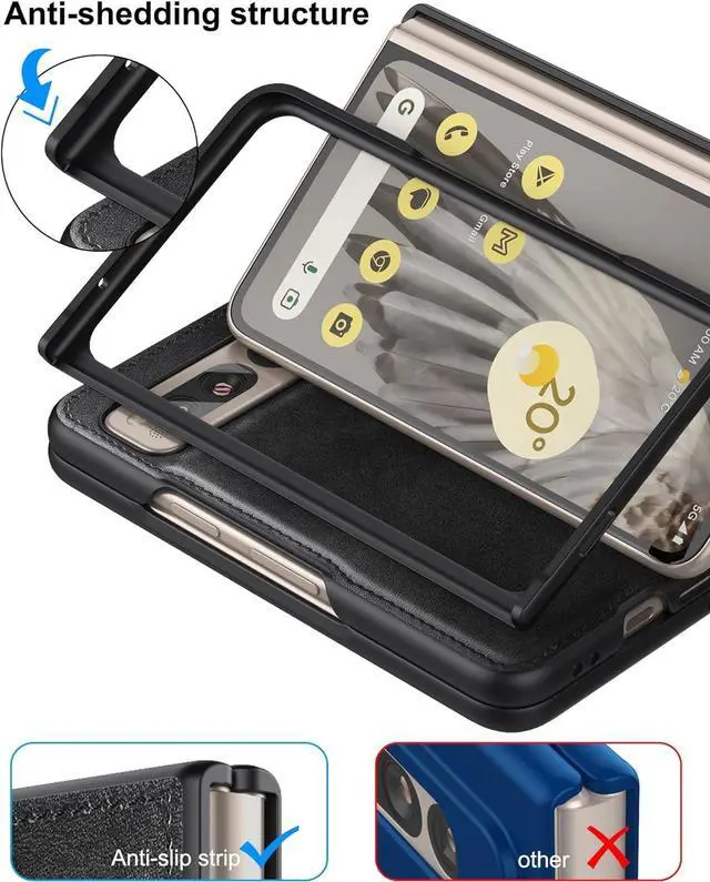 Alt view image 5 of 7 - Foluu for Google Pixel Fold Case, Leather Case, PU Leather + Hard PC Shell Ultra Thin Slim Durable Protective Phone Case Cover for Google Pixel Fold 2023 (Black)