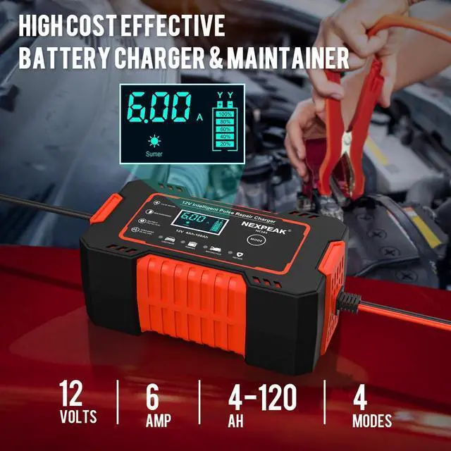 Alt view image 2 of 7 - Car Battery Charger, 12V 6A Smart Battery Trickle Charger Automotive 12V Battery Maintainer Desulfator with Temperature Compensation for Car Truck Motorcycle Lawn Mower Marine Lead Acid Batteries